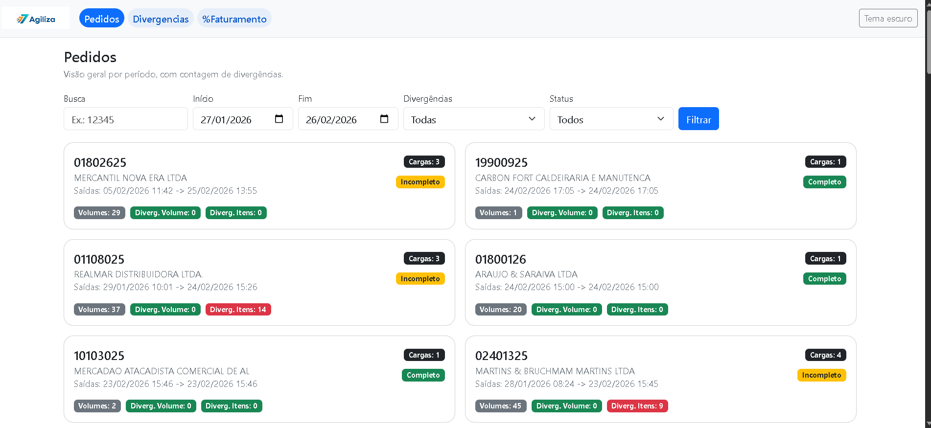 Tela do Agiliza Web para gestão de pedidos e divergências