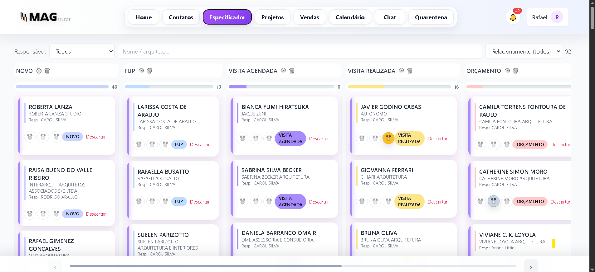 Tela de CRM com pipeline em formato Kanban